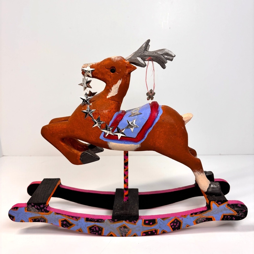 Vintage‎ 1989 Hand Carved Wood Reindeer Folk Art Rocking Sculpture Star Motif
